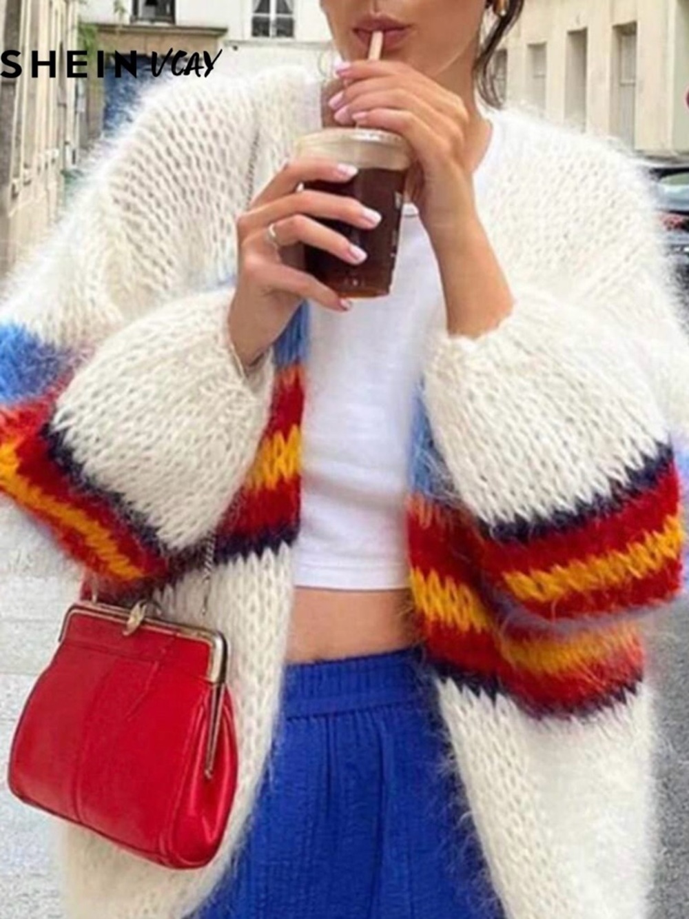 SHEIN White Fuzzy Cardigan with Red, Yellow & Blue Stripes